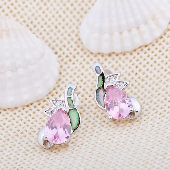Pink Cubic Zirconia and Opal Earrings - Picture 3 of 3